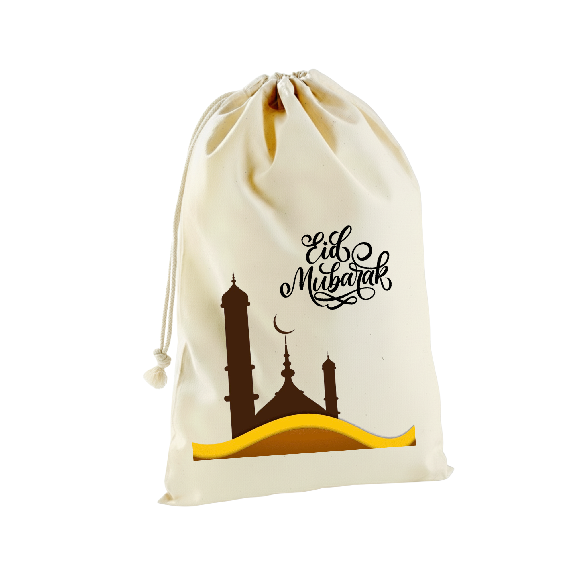 Beige drawstring bag with 'Eid Mubarak' text and mosque silhouette on a white background