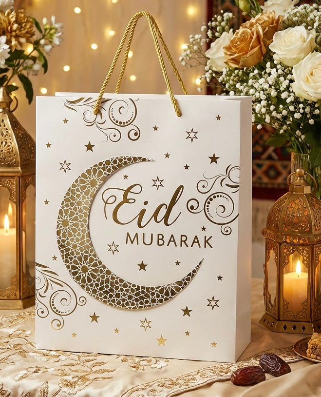 White and gold Eid Mubarak gift bag with decorative elements on a festive background
