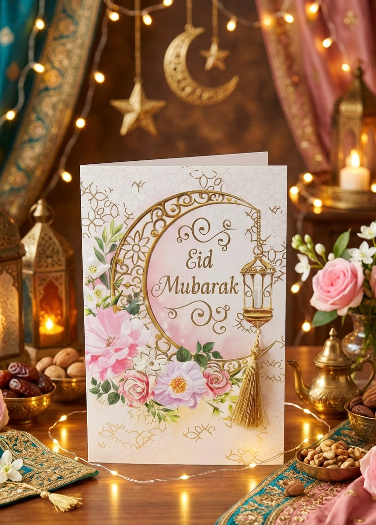 Eid Mubarak card with floral design and lantern on a decorated table with lights and flowers.