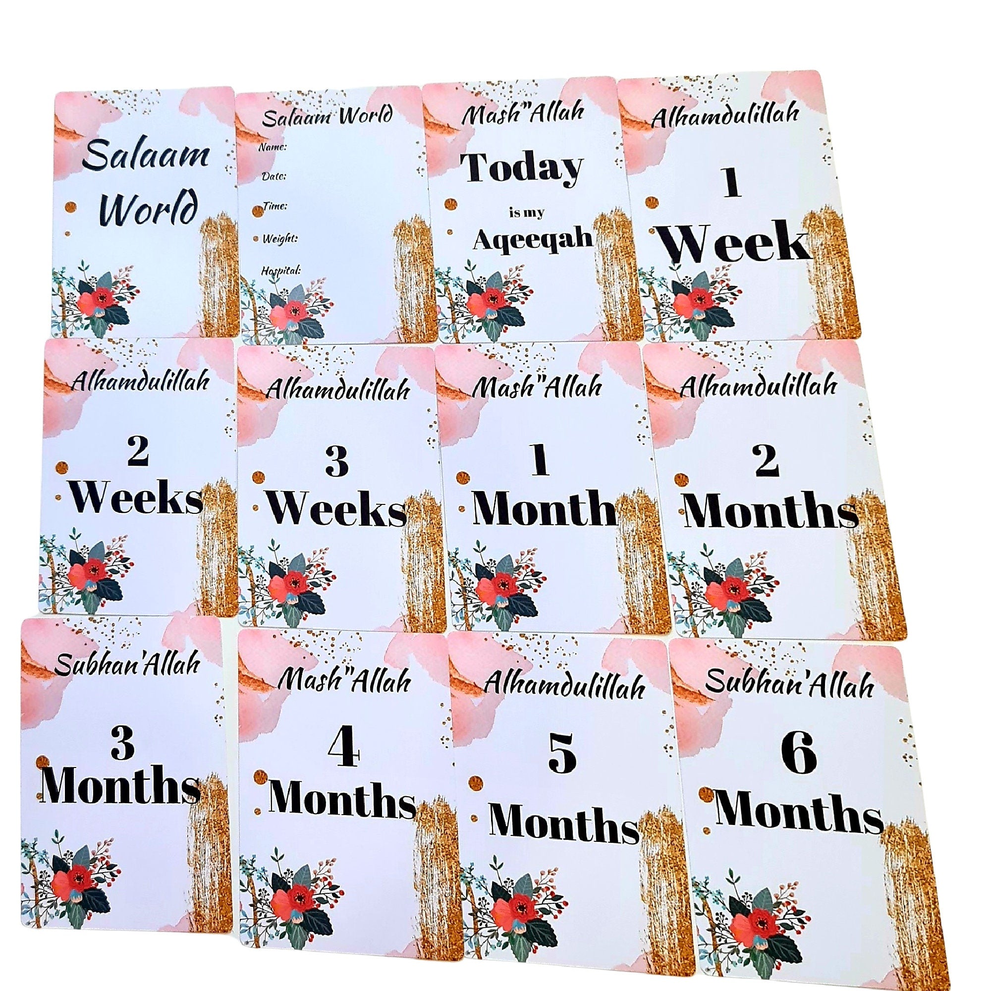 Pink Gold and Flower Islamic Baby Milestone Cards , Baby Girl Baby Keepsake Milestone Cards,Arabic Milestone Cards, Muslim Milestone Cards