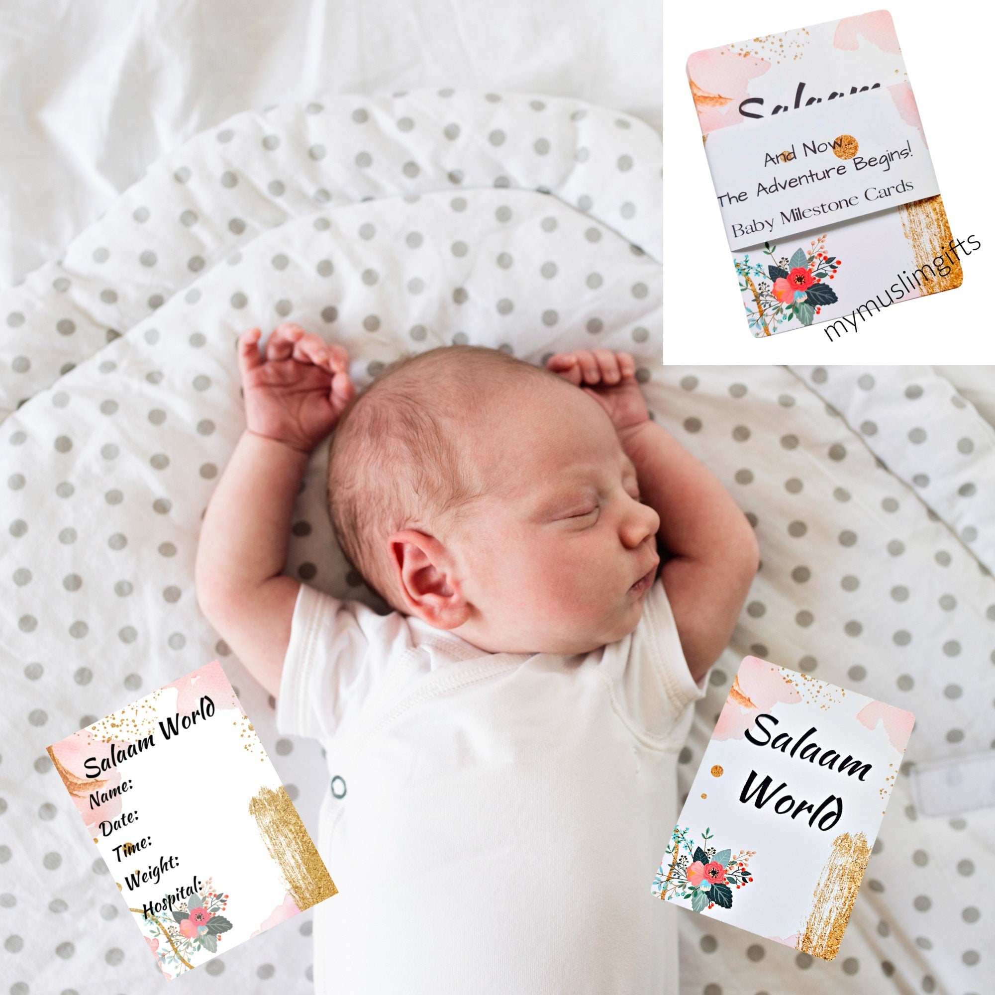 Pink Gold and Flower Islamic Baby Milestone Cards , Baby Girl Baby Keepsake Milestone Cards,Arabic Milestone Cards, Muslim Milestone Cards