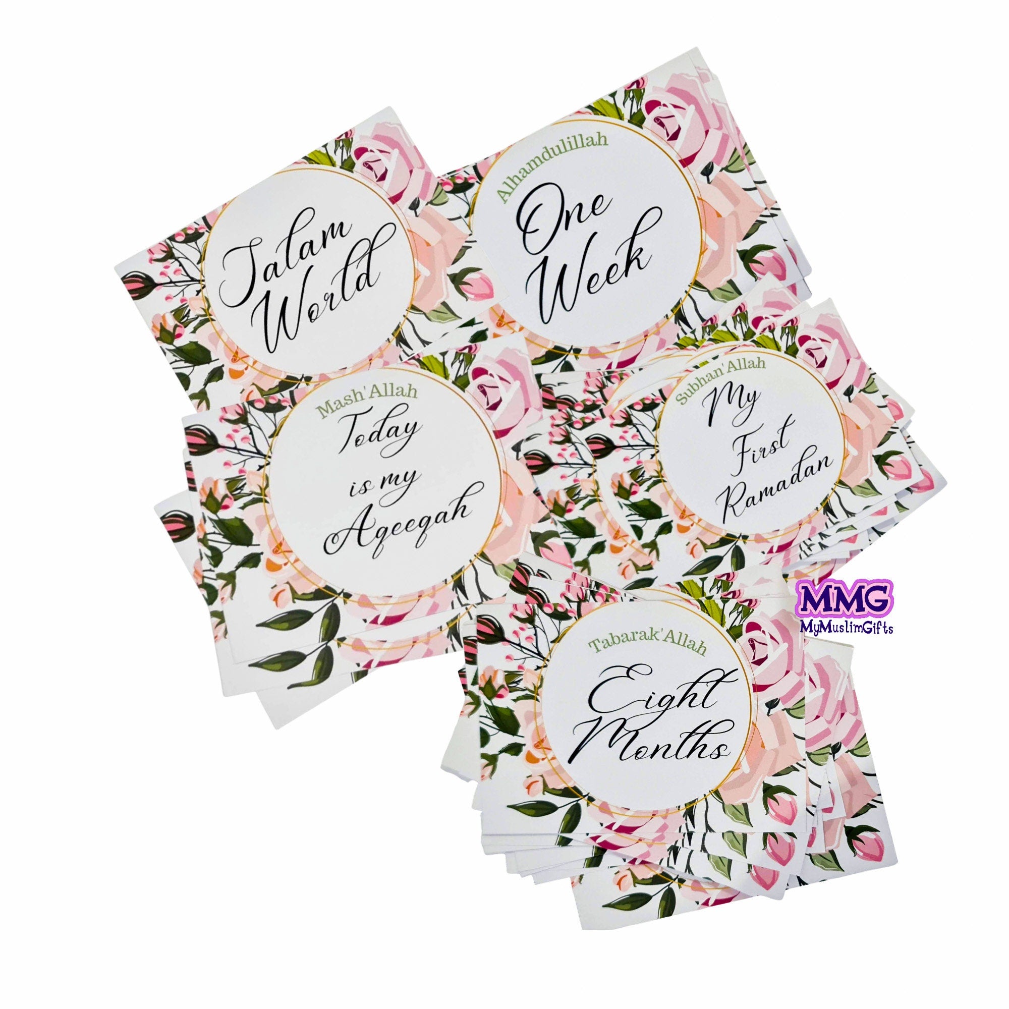 Pink Flowery Islamic Baby Milestone Cards , Baby Girl Baby Keepsake Milestone Cards,Arabic Milestone Cards, Muslim Milestone Cards