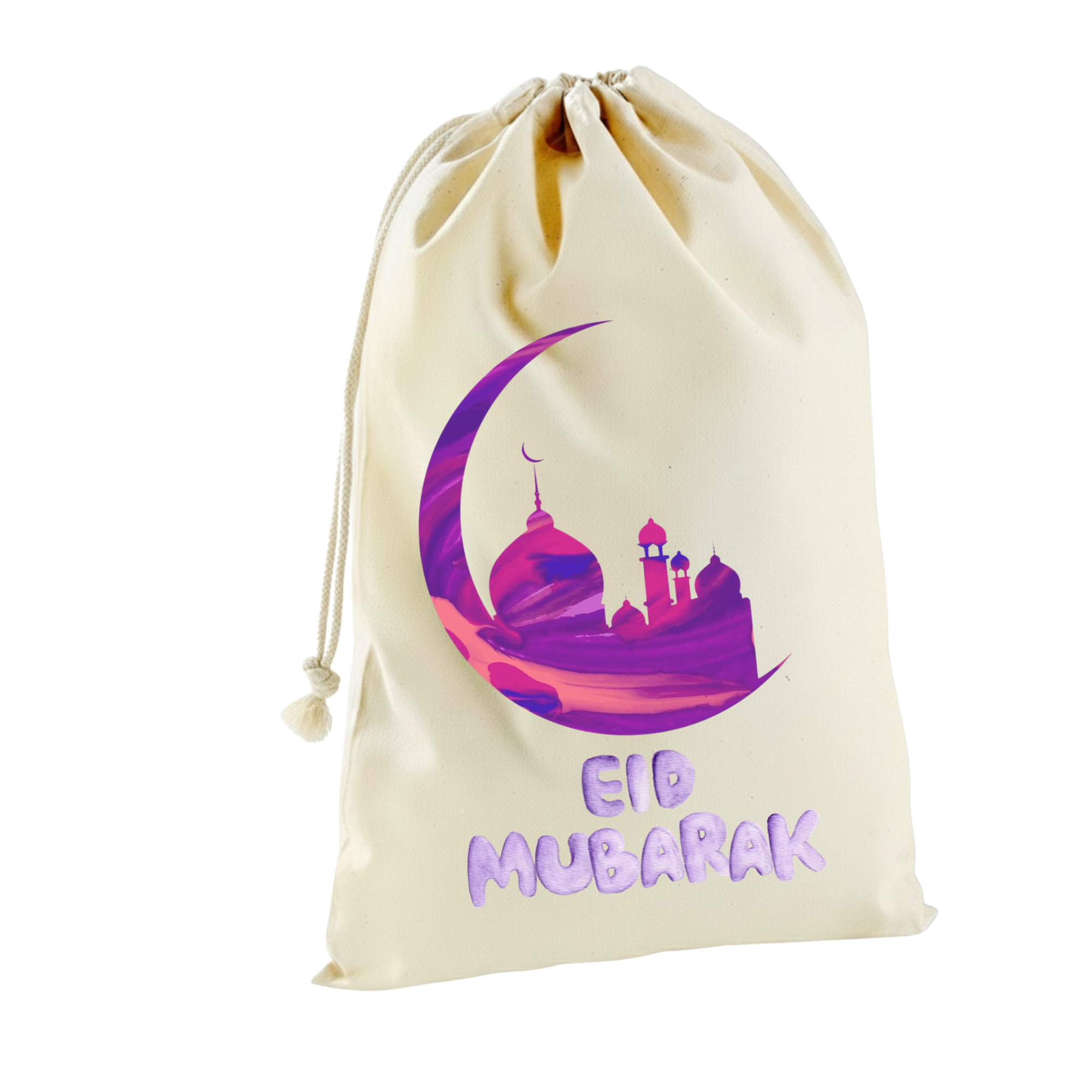 Beige drawstring bag with Eid Mubarak design featuring a purple crescent moon and mosque silhouette on a white background.
