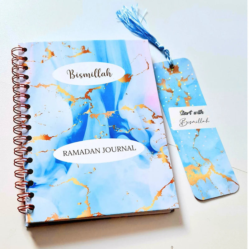 Blue Gold Marble Ramadan Planner & Journal -30 days Daily Ramadan Planner A5 55 Pages -Dua -Quran Tracker for Adult and Teens