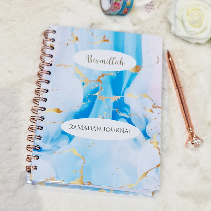 Blue Gold Marble Ramadan Planner & Journal -30 days Daily Ramadan Planner A5 55 Pages -Dua -Quran Tracker for Adult and Teens