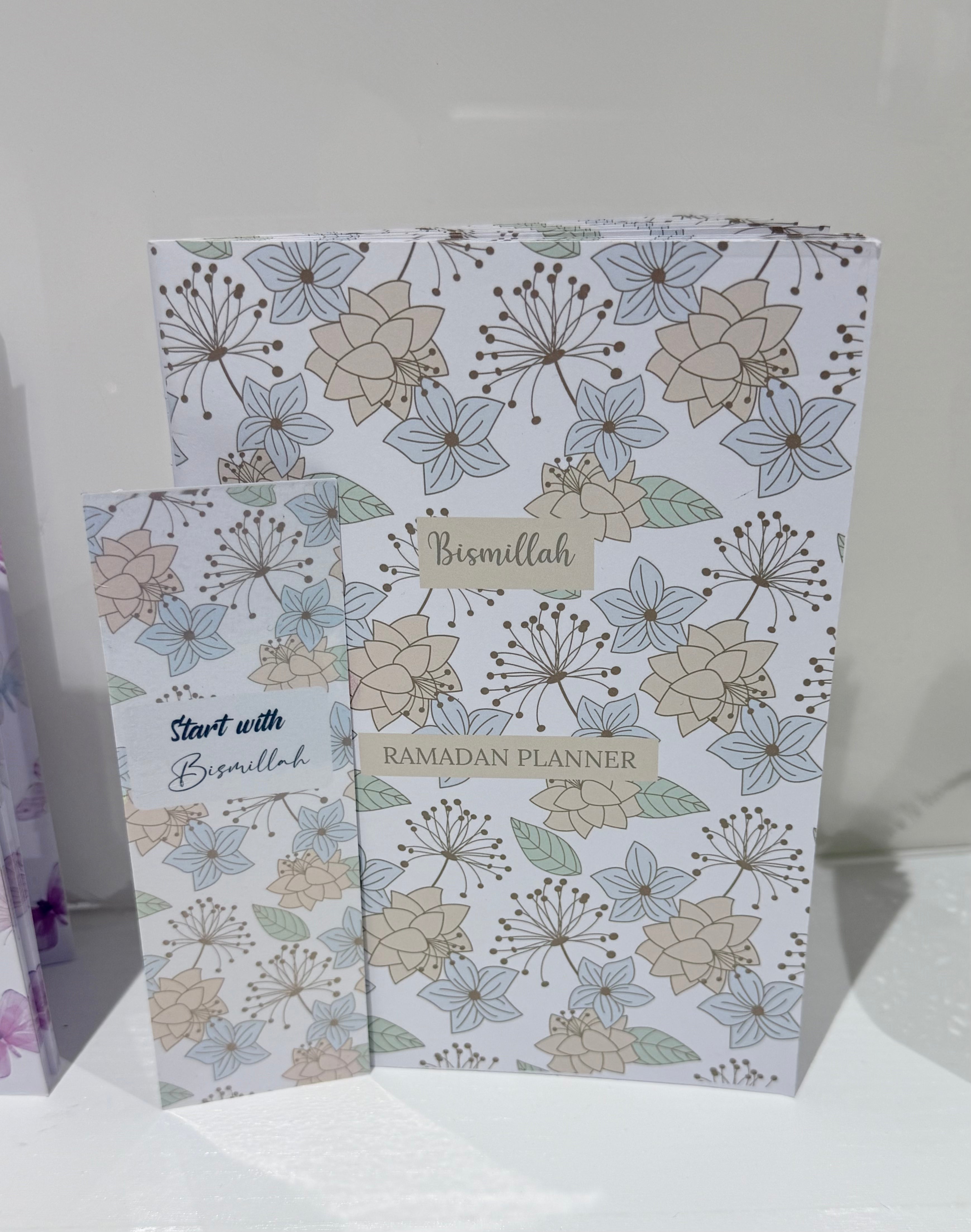 Floral patterned planner with 'Bismillah' and 'Ramadan Planner' text on a white background