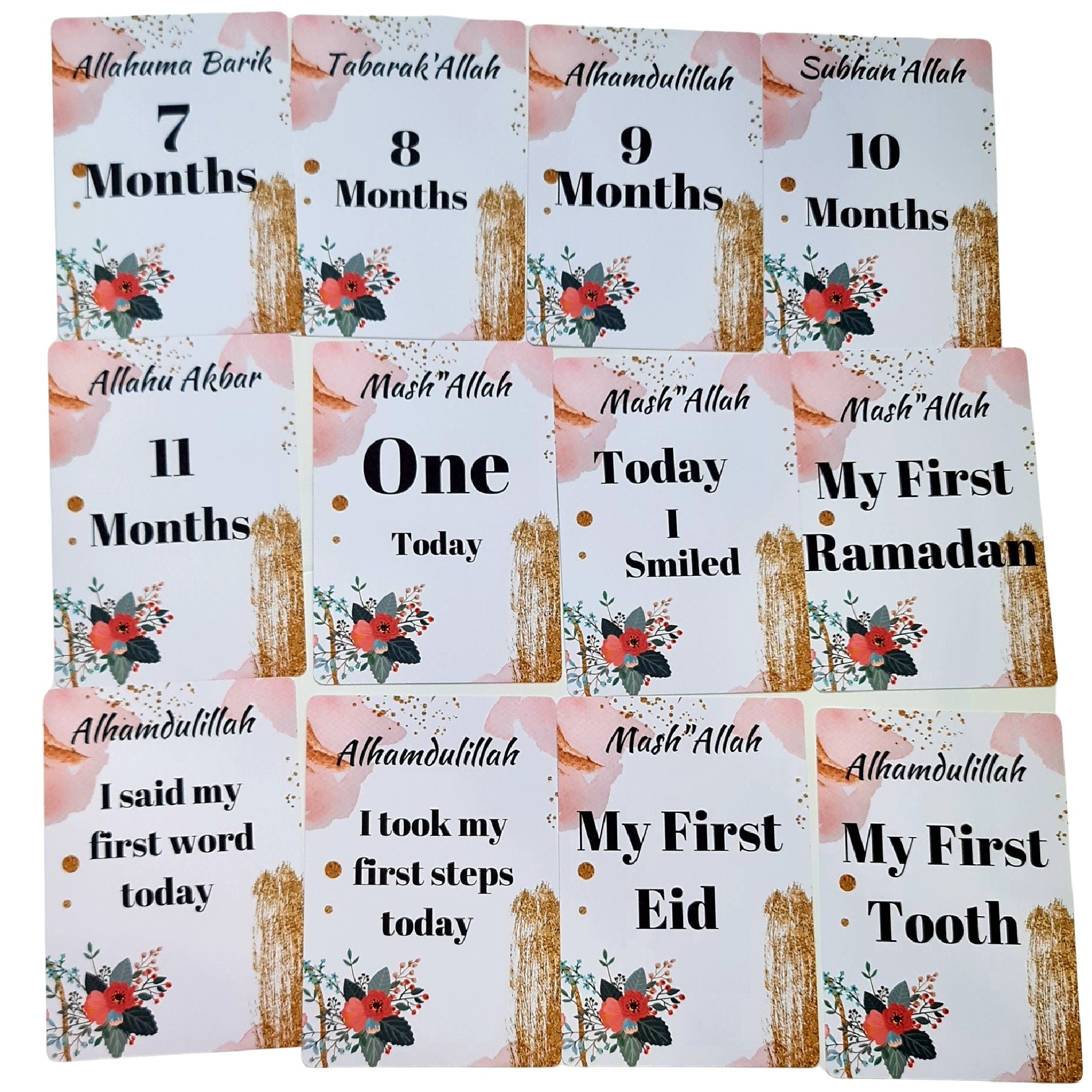 Pink Gold and Flower Islamic Baby Milestone  Cards , Baby Girl Baby Keepsake Milestone Cards,Arabic Milestone Cards, Muslim Milestone Cards